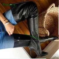 front zip leather black boots 2022 new arrival pointed toe thin heels for women lychee pattern solid over the knee boots winter