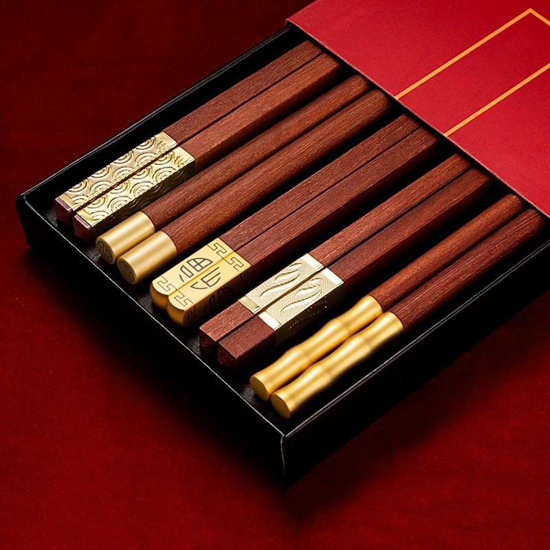 

Red Sandalwood Chopsticks 5Pairs Chinese Style High Quality Non-lacquered Non-wax Solid Wood Family Hotel Wedding Chopstick Set