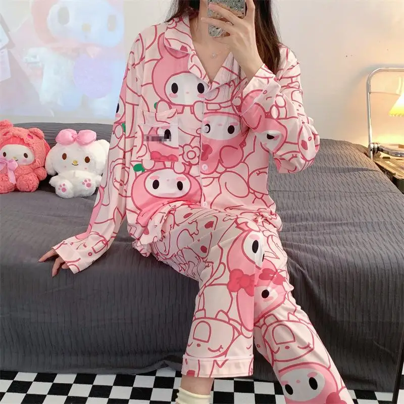

Kawaii Sanrio HelloKitty Girl Cartoon Thin Pajama Melody Cinnamoroll Kuromi Anime Spring Autumn V Neck Cardigans Nightdress Suit