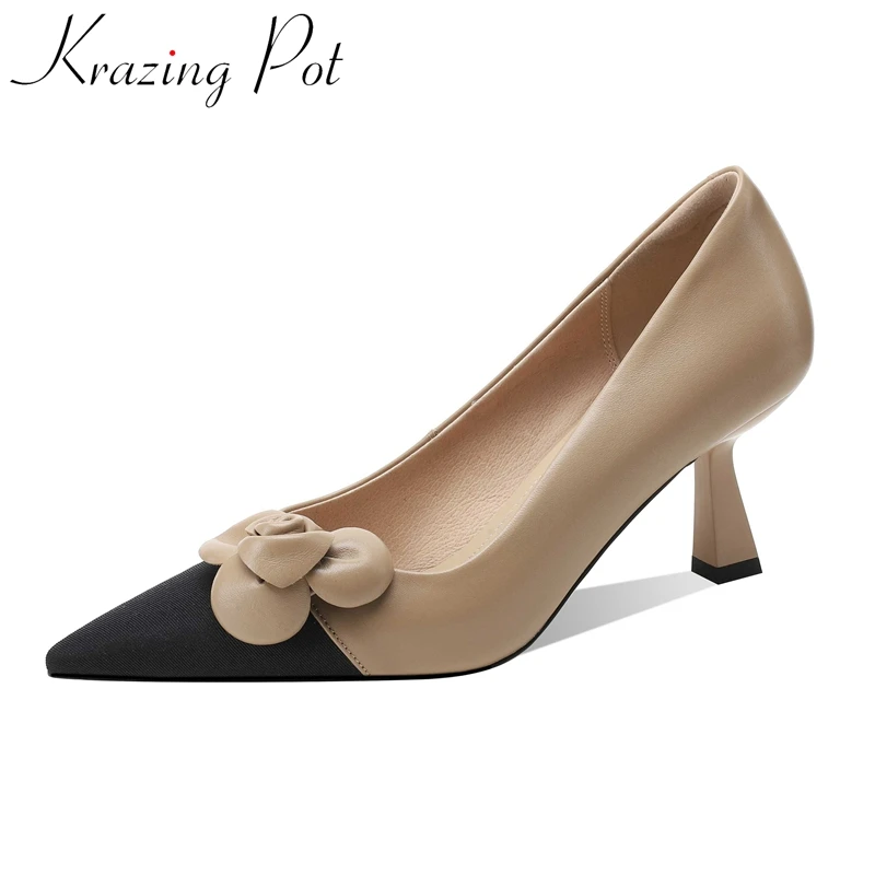 Krazing Pot genuine leather pointed toe strange high heels mixed colors French romantic flower decoration mature women pumps L15