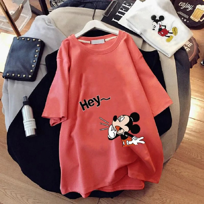 Disney Mickey Mouse T-shirt Girl Trend Mid-Length Loose Casual Short-Sleeved Cartoon Mickey Print T-shirt Round Neck Top