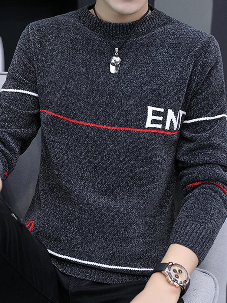 Men's Chenille Fleece-lined Thickened Sweater Autumn and Winter 2024 New Trendy Base Knit Warm Top Clothes