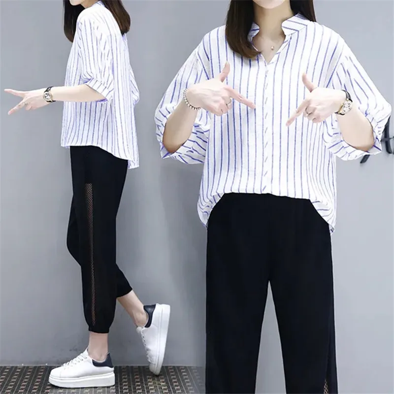 

Новинка 2022, женское летнее платье для полных женщин, костюм из двух предметов, шифоновый топ в полоску на животе, женская рубашка