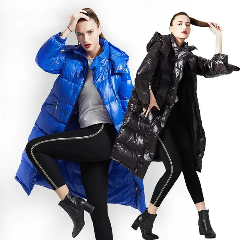 Down Jacket Women's 2022 Winter New Mid-Length Hooded Parkas Glossy Large Size Loose Thick Casual Warm 90 White Duck Down Coats