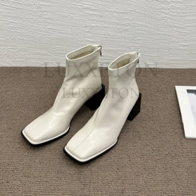 Autumn Design Heel Ankle Boot Fashion Square Toe Zipper Ladies Casual Chelsea Boots Shoes Soft Leather Short Boot