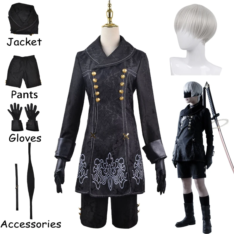 

Костюм для косплея из аниме НИС: Automata Cosplay 9S, косплей хлопчатобумажная форма 9 типа S, пиджак, брюки, одежда для глаз, перчатки, парик, костюм на ...