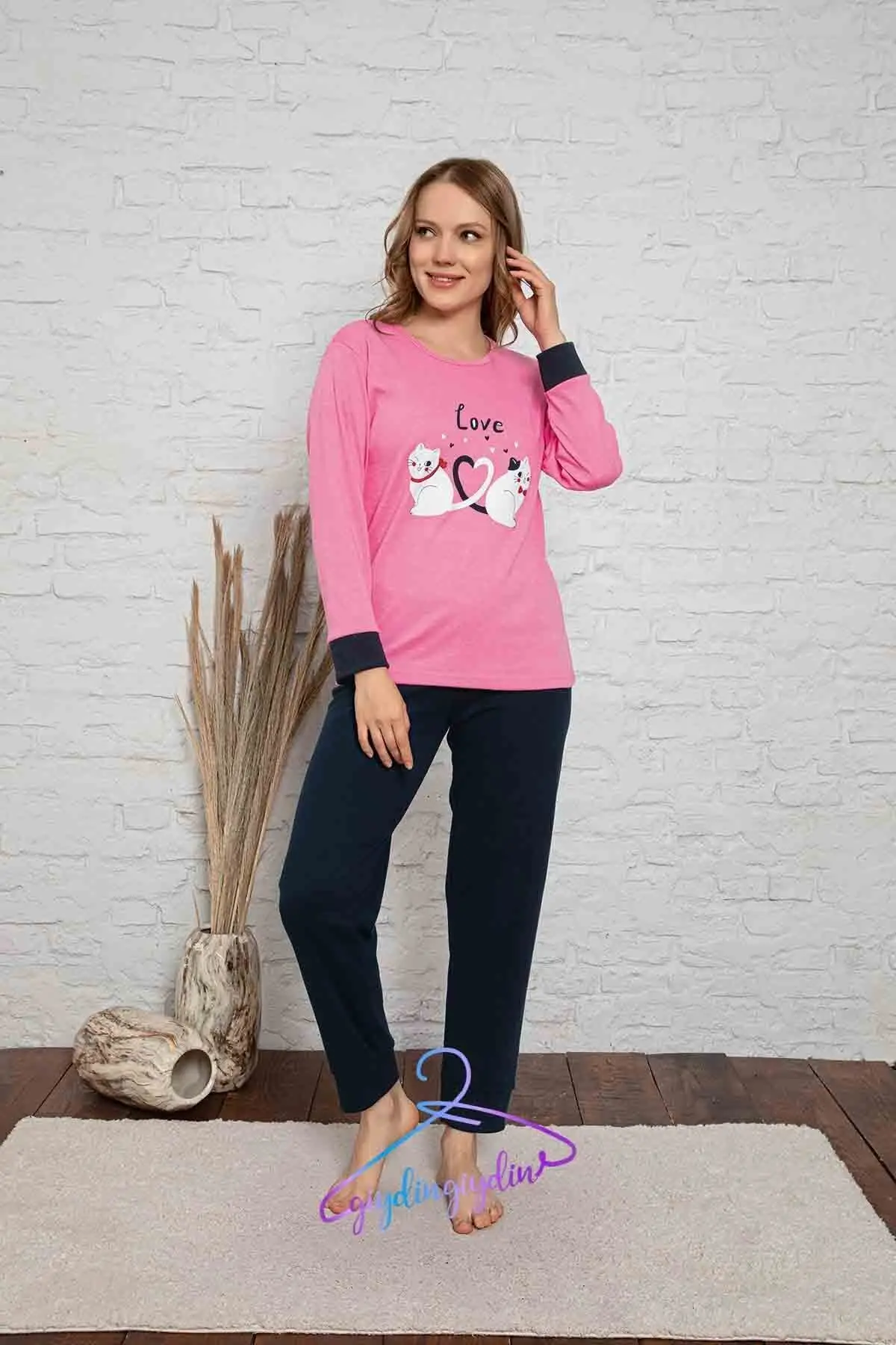 

Women's Pajamas Cat pattern Pink Interlock Fabric int-p-3161 Sleep Lounge Pajamas Nightwear Sleepwear Night Suit