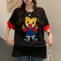 womens t shirt cute cartoon little tiger patch embroidery round neck short sleeved tees loose contrast color tops