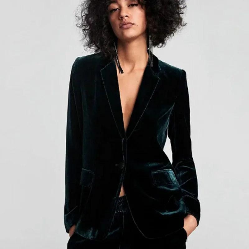 Chic Dark Green Velvet OL Single Button Velvet Blazer Woman Suits Double Pockets Turn Down Collar V-Neck Jacket Notched Tops