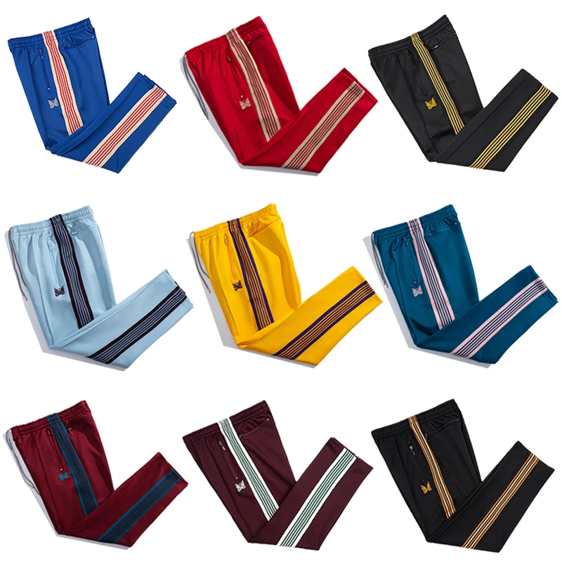 

2023ss Needles AWGE Ribbon Sweatpants Men Women Drawstring Embroidered Butterfly Stripe Pants