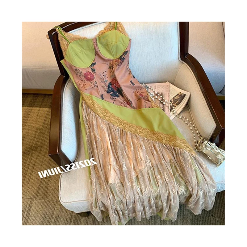 

2022 Summer Sexy Midi Dress Women Bodycon Club Party Harajuku Women's Dresses Vintage Elegant Lace Patchwork French Vestidos Y2K