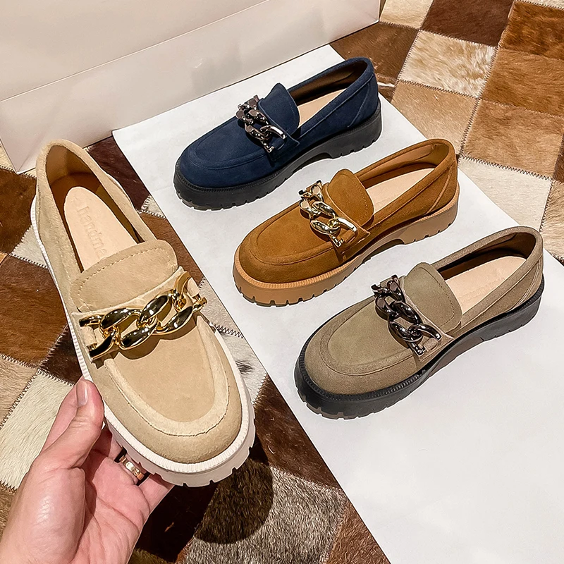 Spring And Autumn Loafers Women 2023 New Comfortable Casual Cowhide British Style Women's Shoes Thick Heel Thick Sole Retro