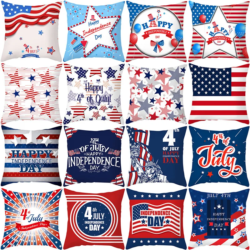 

4th of July Decor Pillow Covers 18x18 Inch Pillowcases Independence Day Memorial Patriotic Freedom Stars Stripes Cushion Cover