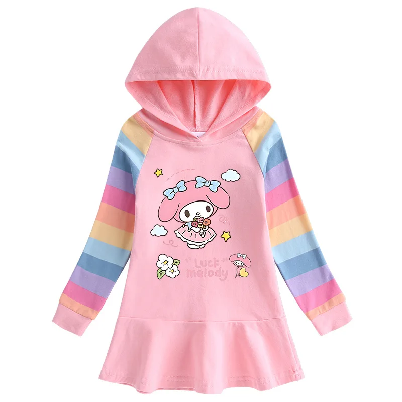 

Sanrio Melody 2023 Spring and Autumn New Cotton Cartoon Rainbow Girls Long Sleeve Hooded Sweatshirt Princess Dress