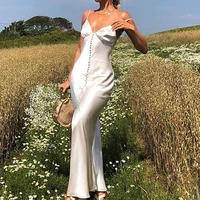 sexy women high waist maxi dress white satin flared a line backless spaghetti strap buttons dress party vacation elegant vestido