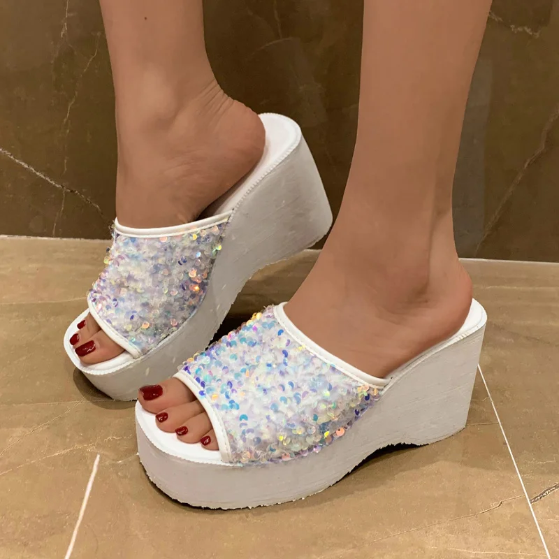 Sequin Slippers Women Summer Platform Sandals Bling Bling Wedge Slides Female Shoes Plus Size 43 Zapatos De Mujer Tendencia 2022