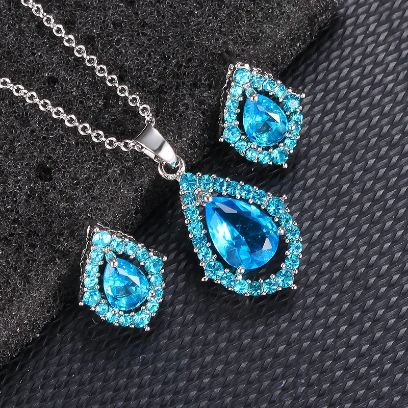 

925 Sterling Silver Fashion Crystal Pendant Necklace Earrings Jewelry Set For Women Girls Wedding Engagement Trendy Jewelry