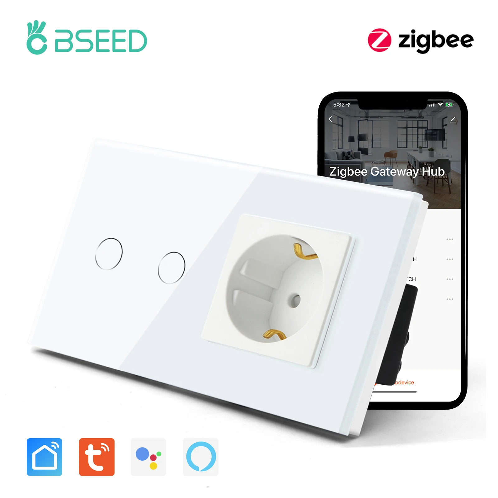 

Умный выключатель BSEED Zigbee, переключатель с 1/2/3 клавишами, без нейтральной линии, с евророзеткой, без Wi-Fi