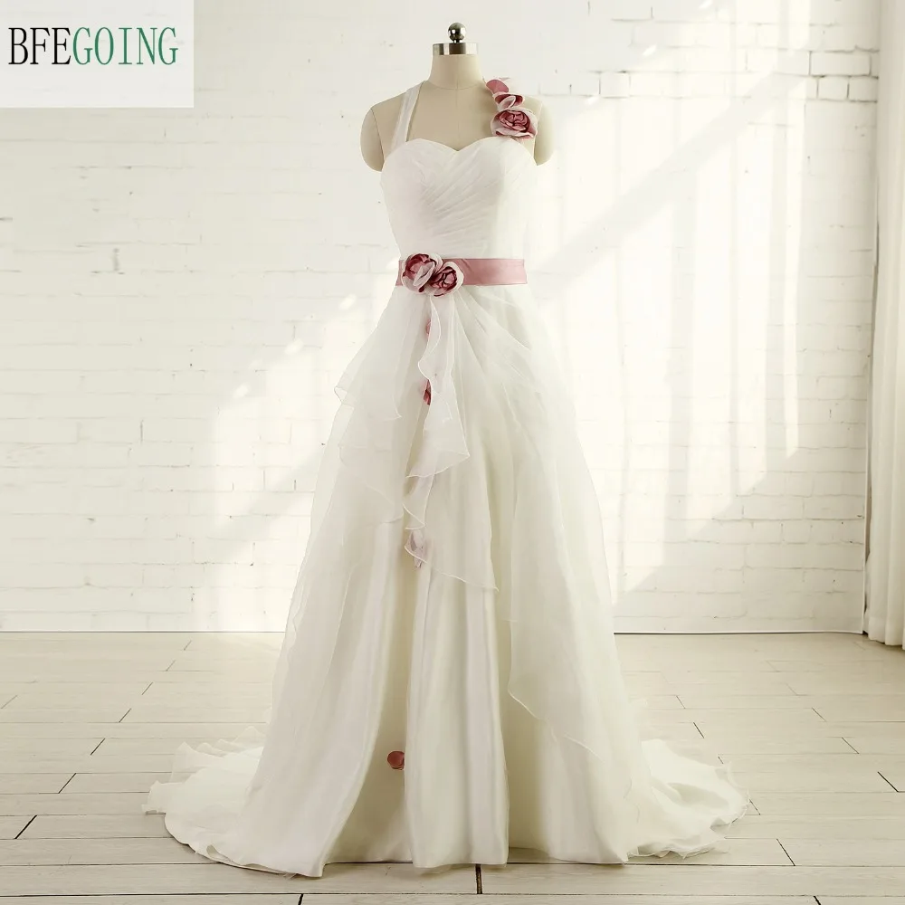 

Ivory Organza Sweetheart Halter A-Line Wedding Dresses Chapel Train Custom Made Floor-Length Bridal Gowns