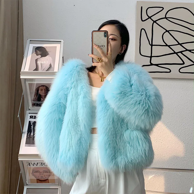 

New White Fox Fur V-Neck Woven Jacket Thickened Douvle-Sided Short Top Cardigan Encrypted Long-Sleeved Elegant Women's Overcoat