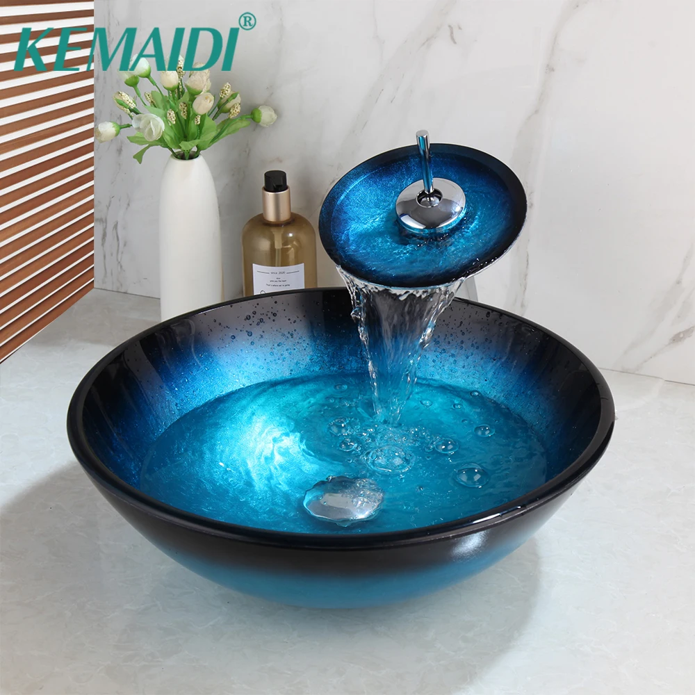 

KEMAIDI BlueTempered Glass Hand-Paint Lavatory Deck Mount Basin Tap Bathroom Washbasin Bath Sink Combine Set Mixer Faucet Set