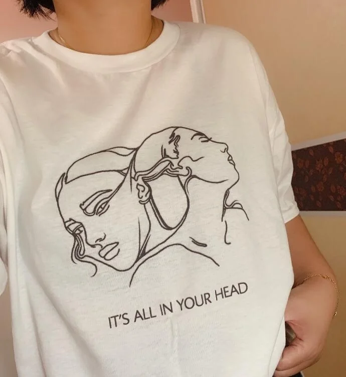 

Женская футболка Tumblr, модная футболка Kuakuayu HJN с надписью «All In Your Head» и двумя головами Для Жонглирования, милые эстетические Графические Топы...