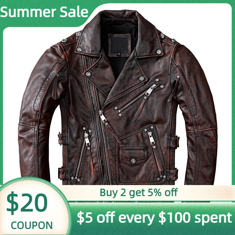 Винтажная коричневая американская мотоциклетная кожаная куртка 2023 мужская