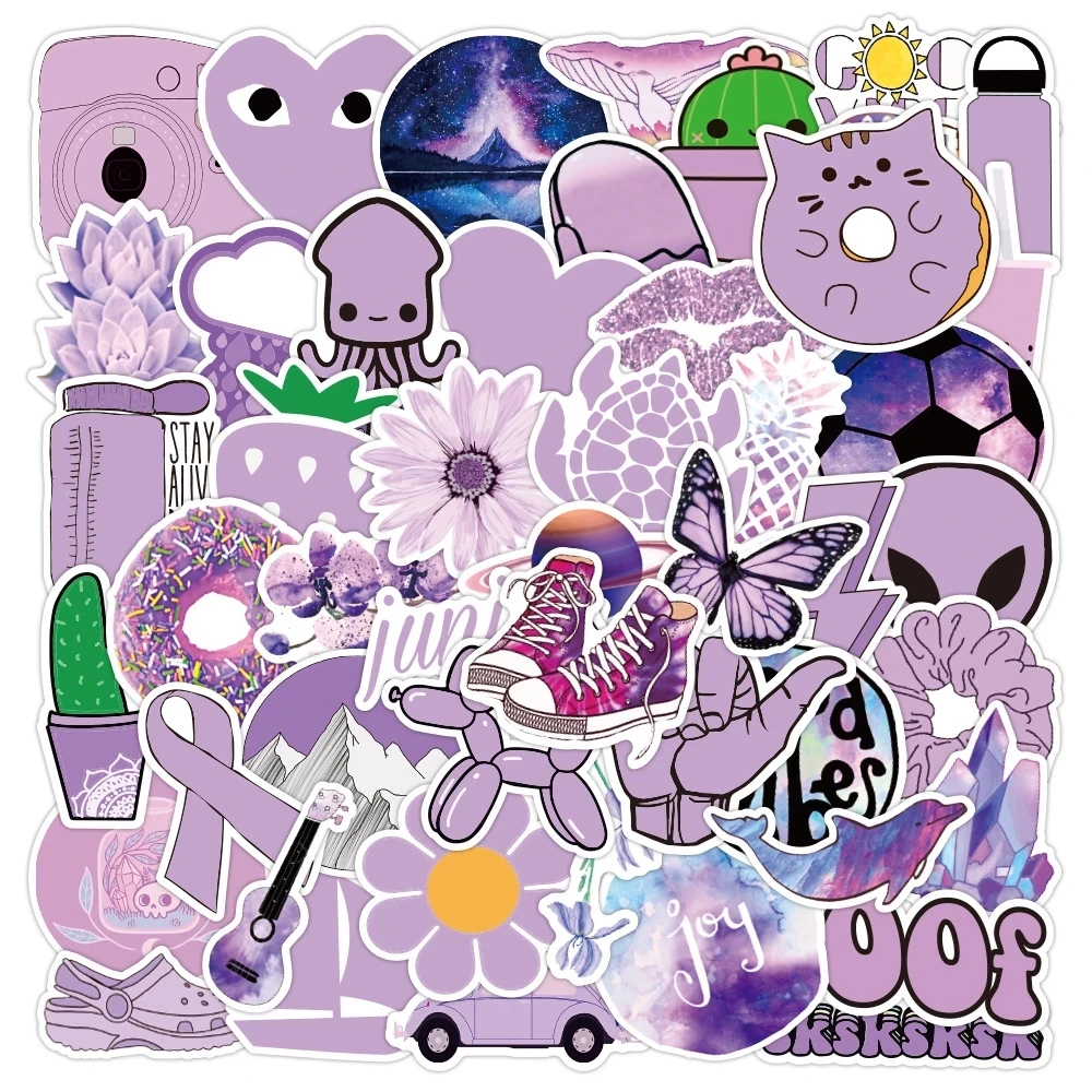 

10/30/50 Pcs Purple Themed Cute Cartoon Small Fresh Graffiti Stickers Decorate Luggage Laptop DIY Phone Case Waterproof Stickers