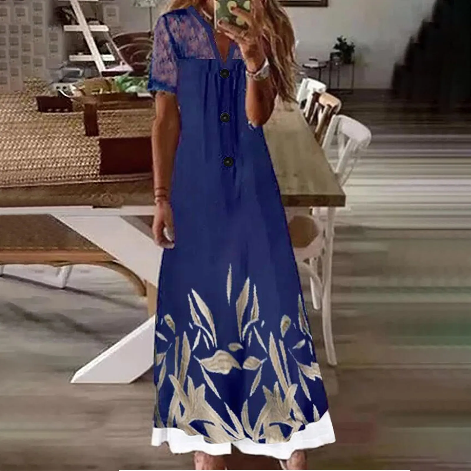 

Женское модное платье-свитер с v-образным вырезом и коротким рукавом, кружевное лоскутное платье с карманами и пуговицами, длинное мини-плат...