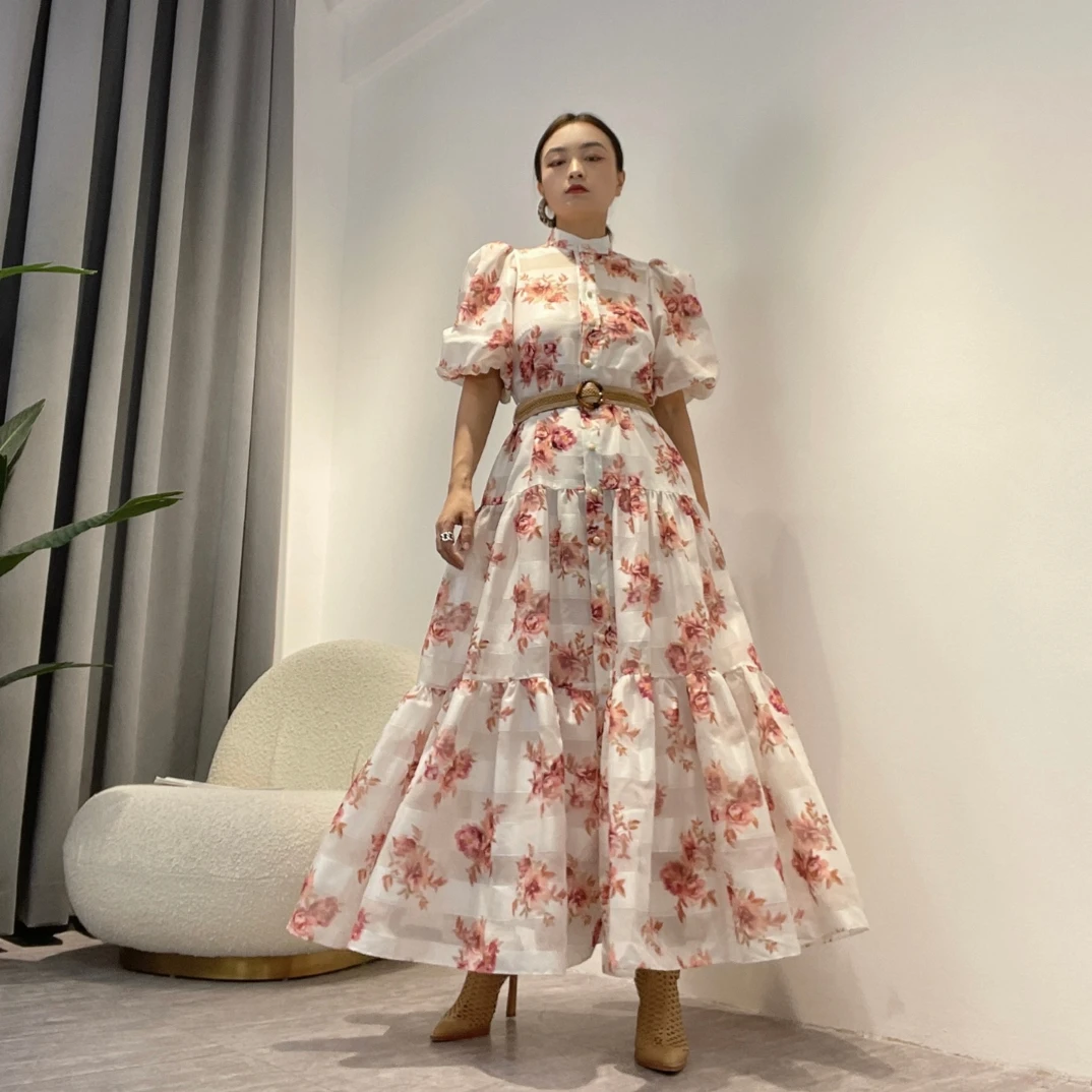 

Spring 2022 Women Pink Rose Wide Sheer Self Stripes Centre Front Raffia Closure Frilled Drop Hem Cotton Silk Midi Dress