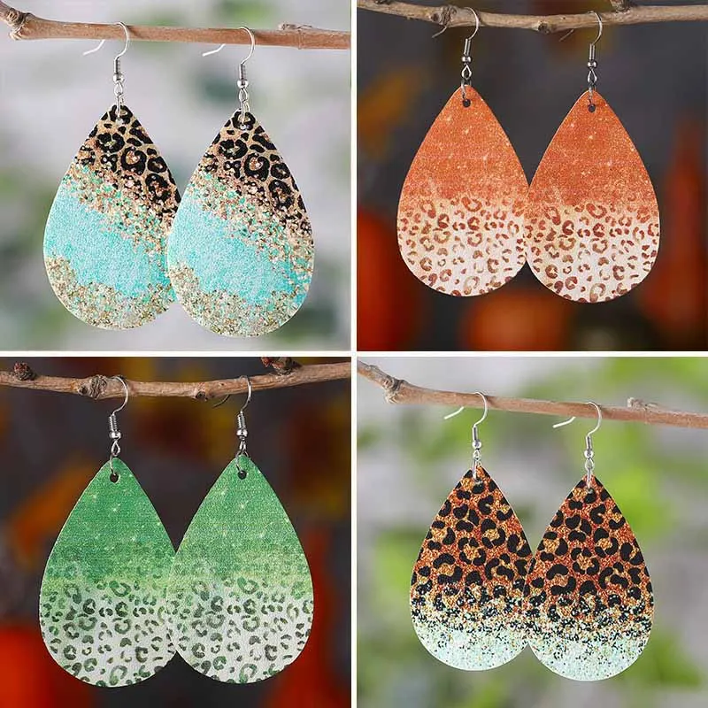 

New Hawaiian Holiday Style Leopard Print Earrings Printed Colorful Tie Dyed Waves Beach Double sided PU Leather Bohemia Ear Ring