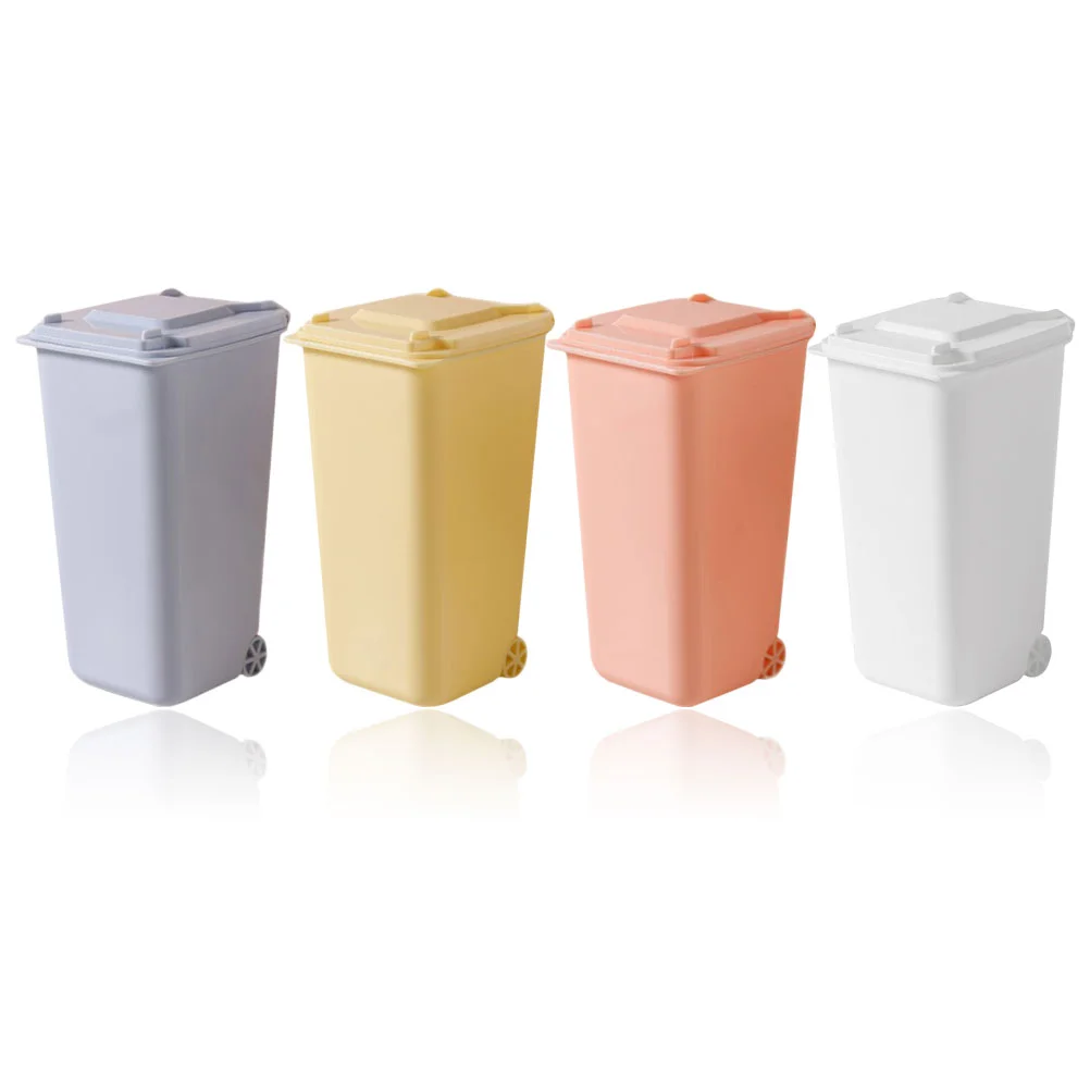 

4pcs With Lid Office Adorable With Wheel Trash Cans Desk Garbage Bin Trash Recycling Containers Cup Holder