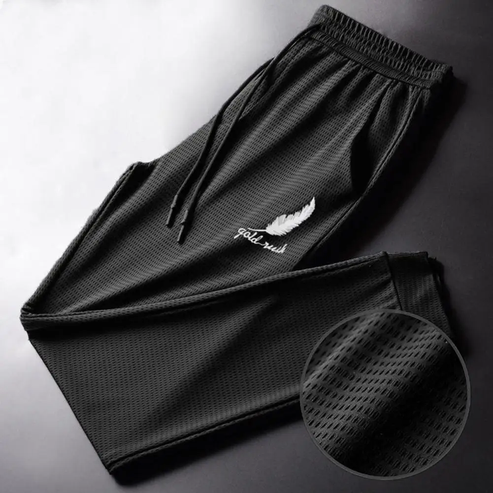 

Hot！Popular Men Pants Ice Silk Mesh Feather Print Korean Style Drawstring Summer Quick Dry Pockets Sports Pants for Daily Wear
