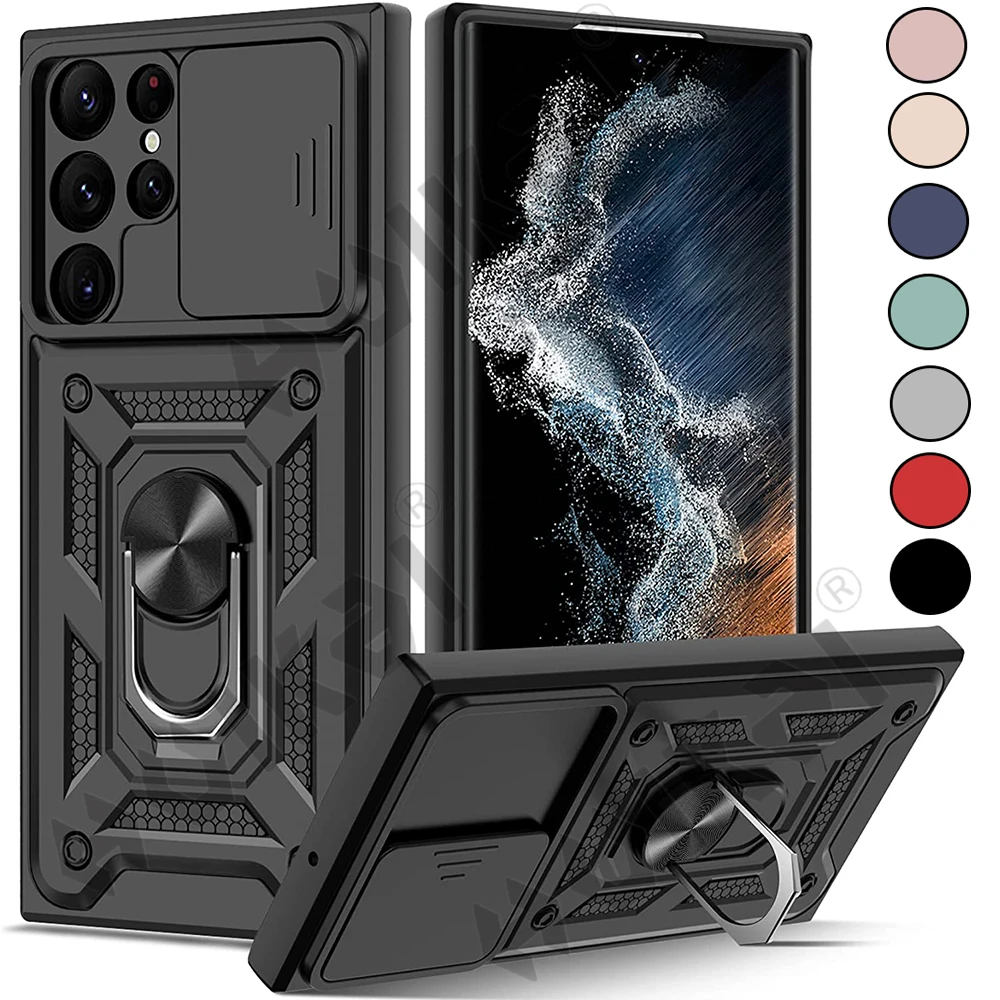 

Case For Samsung Galaxy S23 S22 Ultra Plus S21 FE Ultra Plus A52 A53 A73 Slide Stand Ring Camera Military Grade Armor Ring Cover