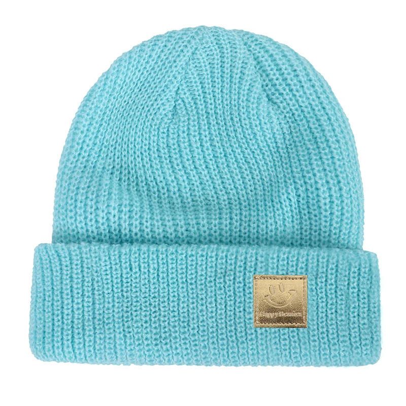 

Baby Knit Hat for Boys Girls Autumn Winter Warm Kids Beanie Solid Children Hats Newborn Baby Cap with Smile Face Leather Label