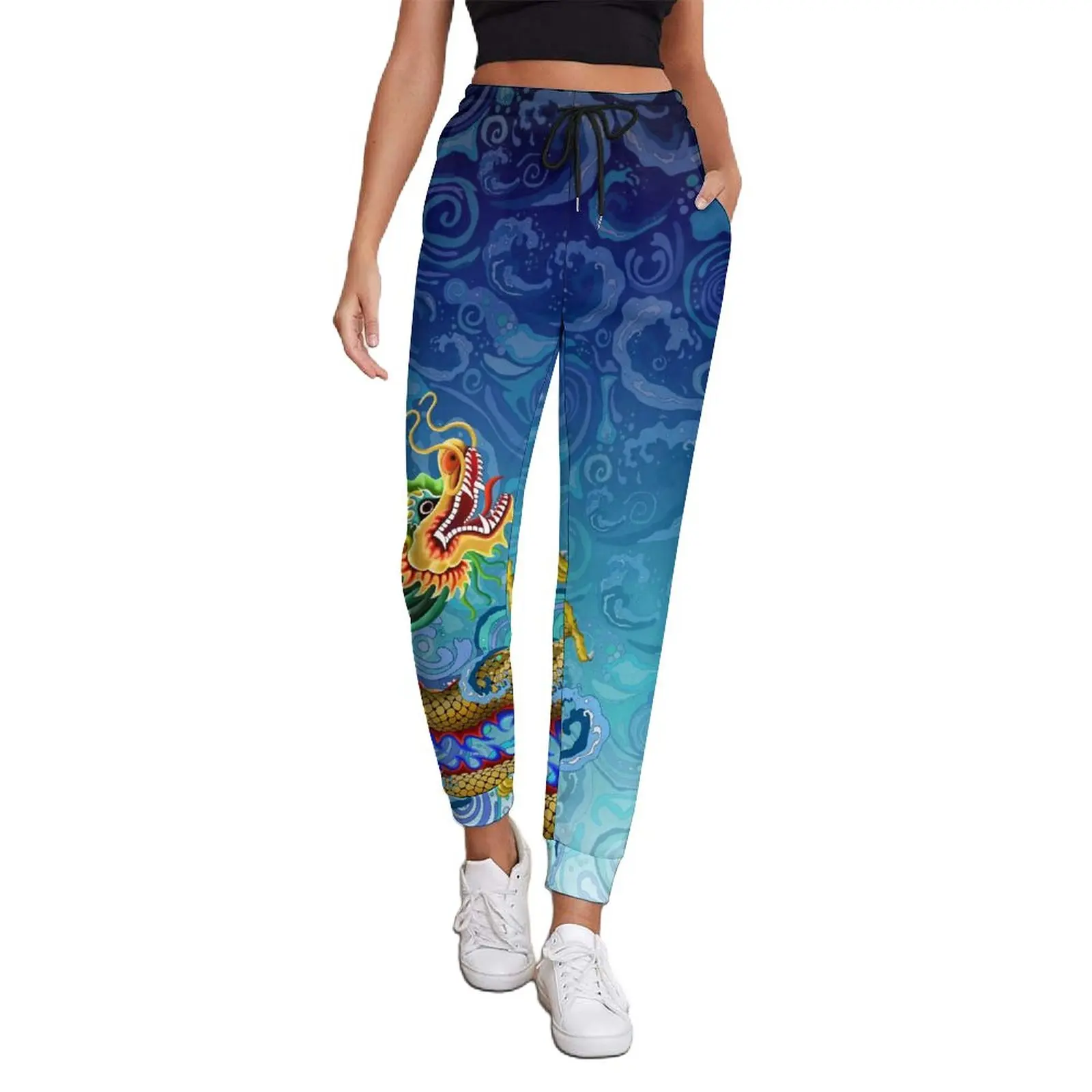 

Gold Dragon Jogger Pants Woman Swirling Water Print Street Fashion Sweatpants Autumn Retro Pattern Trousers Big Size
