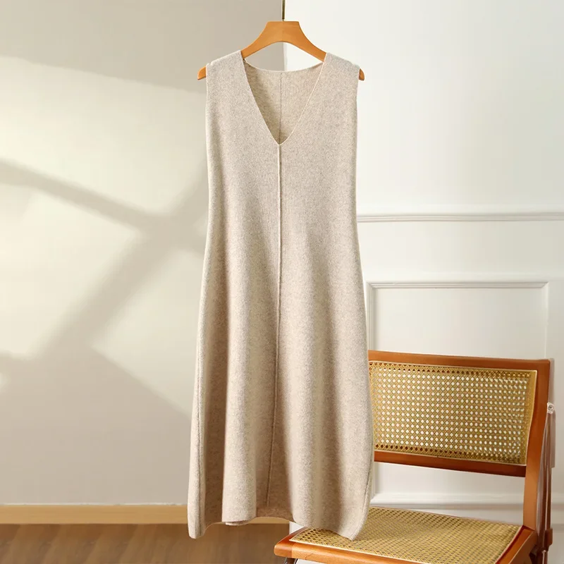 Осень/зима новое вязаное платье-жилет из 100% чистой шерсти женское длинное платье