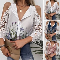 2022 new office lady elegant chic button printed blouse shirts fashion sexy hollow sleeve patchwork tops casual women blusa