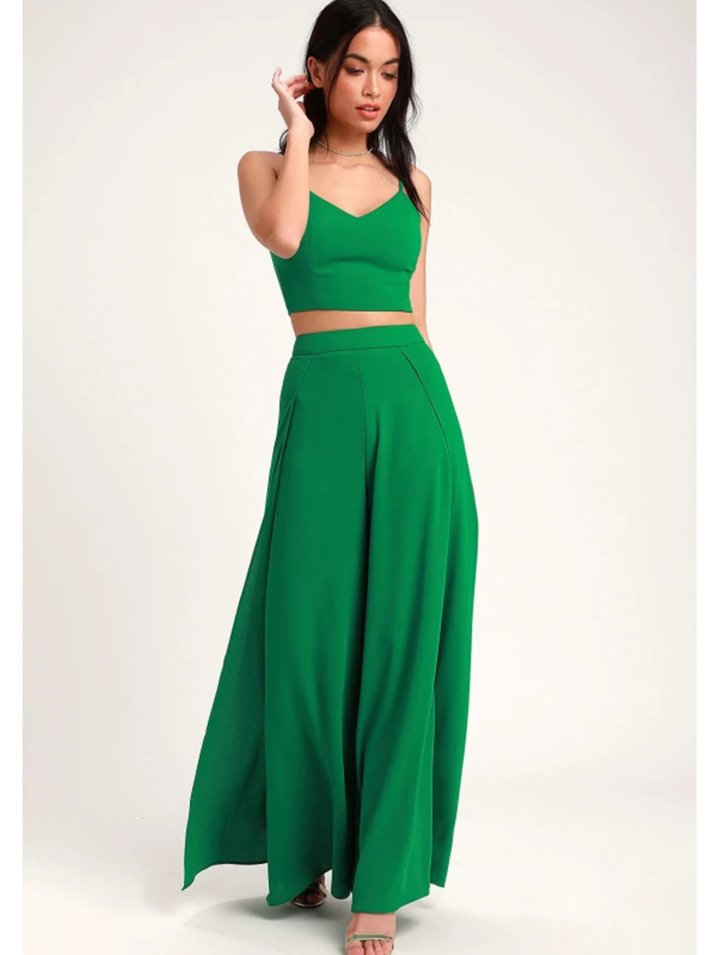 

2 Piece Pants Sets Women Tracksuit Summer Clothing Solid Back Bandage V Neck Vest High Slit Wide Leg Pants Suits Casual Outfits