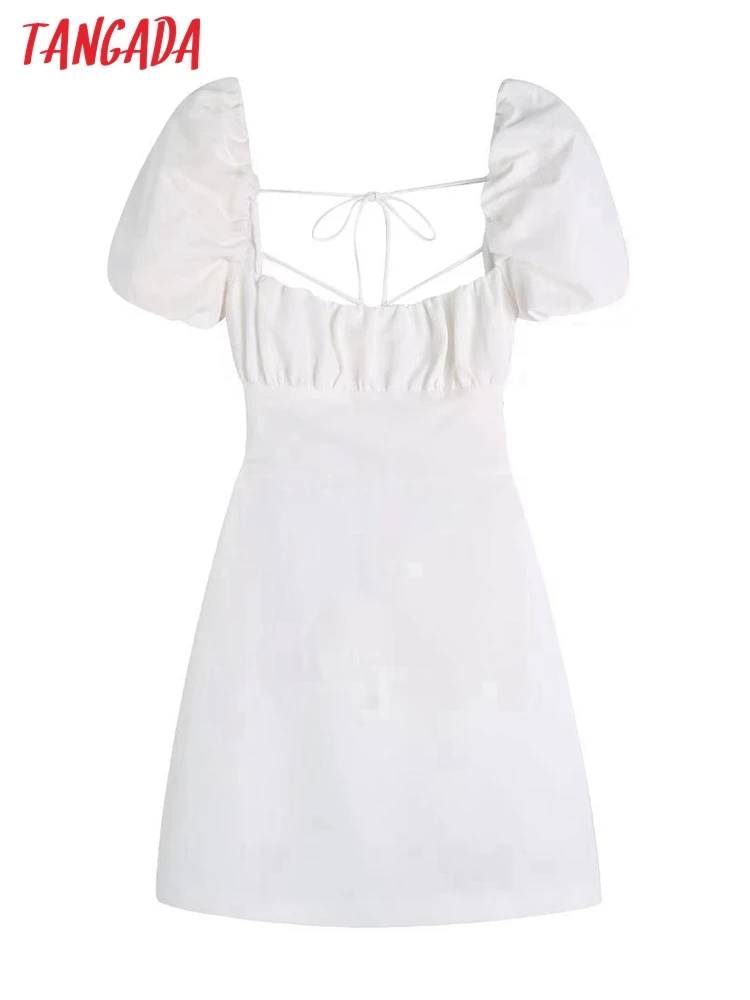 Tangada 2022 Summer Women White Cotton Dress Backless Puff Short Sleeve Ladies Sundress 3H204