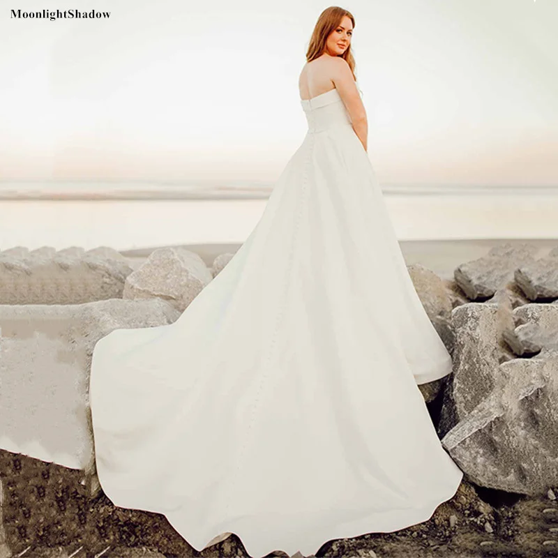 

MoonlightShadow Strapless Wedding Dresses Bride Gown Beach A-line Bridal Gowns Court Train Floor-length Button Vestito Da Sposa