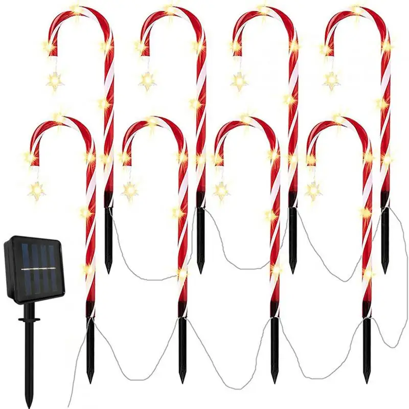 Фото Светильники Candy Cane Pathway Светильники Candy Cane на солнечной энергии Маркеры для дорожек 1–8 светодиодных фонарей Торшер со звездой Рождества №1