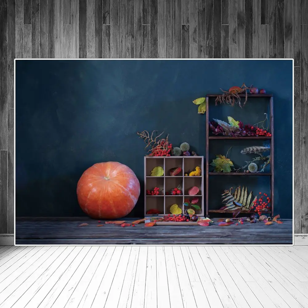 

Autumn Scene Backdrops Photography Decoration Pumpkin Foliage Wooden Shelf Wall Personalized Baby Photobooth Photo Backgrounds