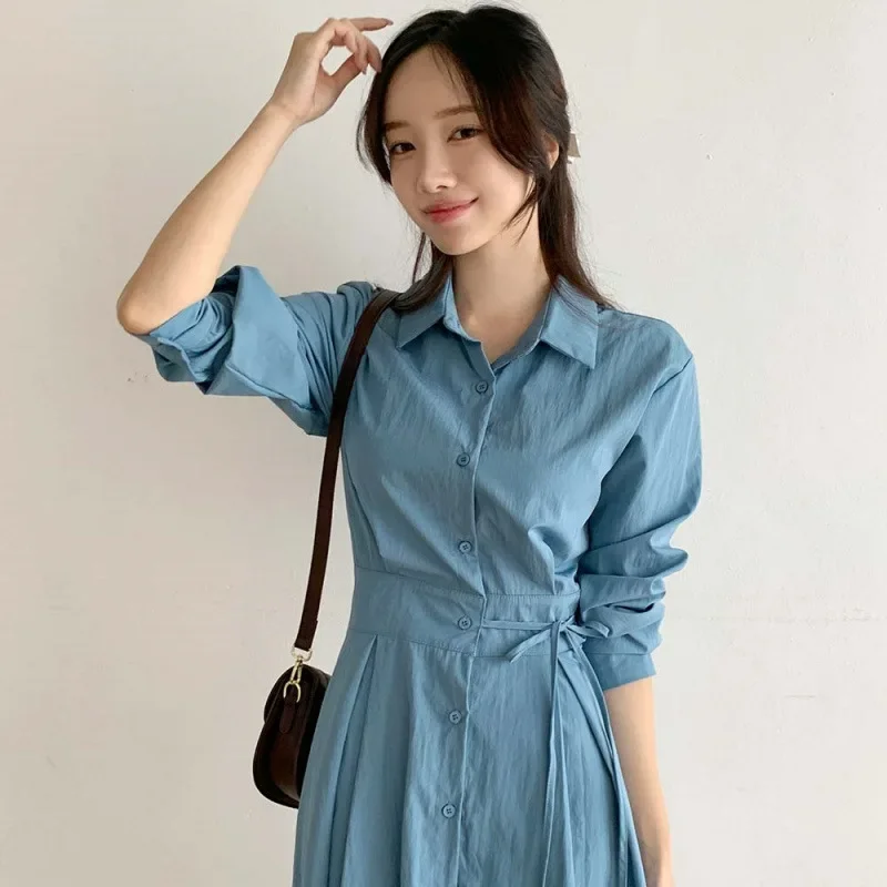 Элегантное осеннее однобортное платье-рубашка в корейском стиле повседневный