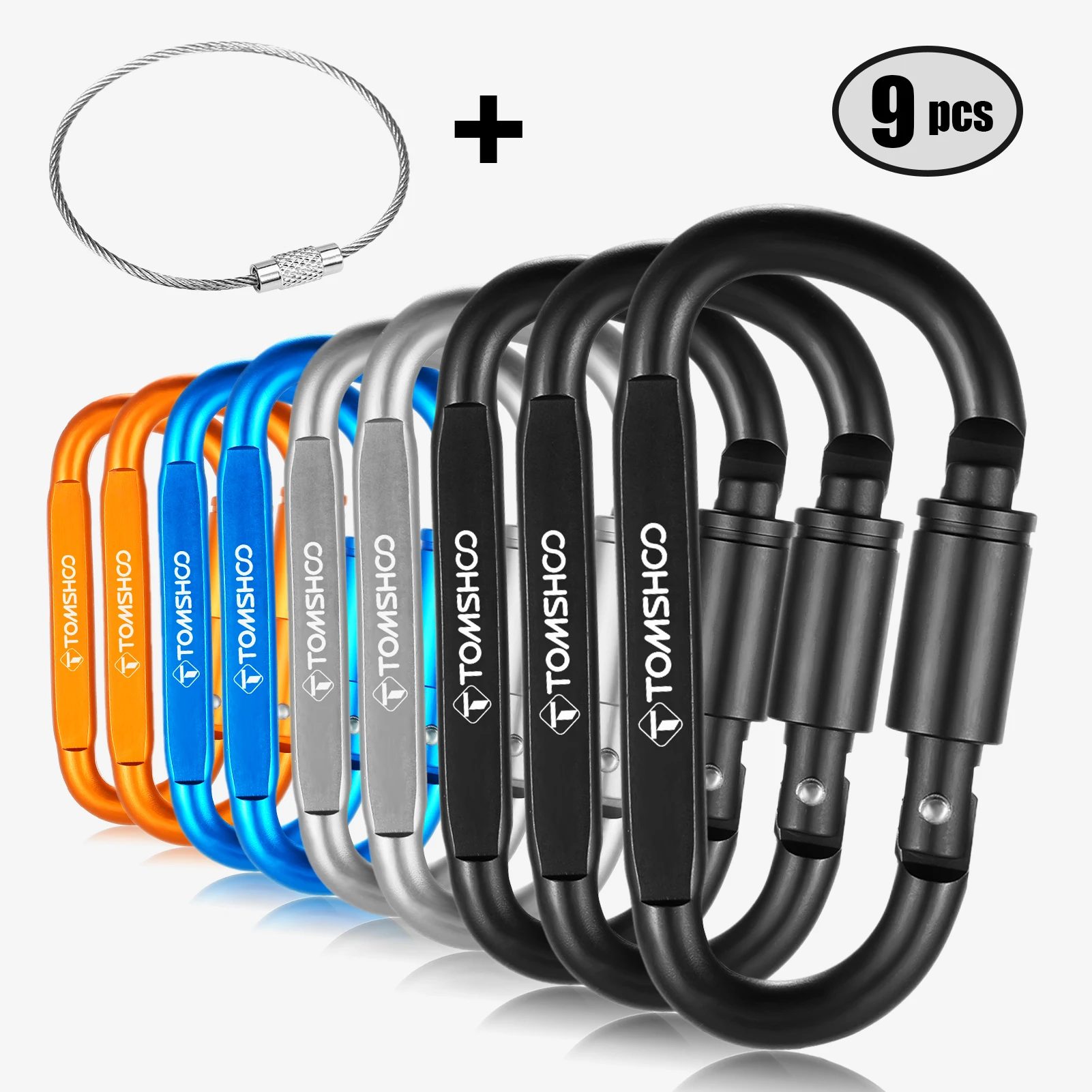 

Camping 9 Pack Aluminum Alloy D-ring Locking Carabiner Clip Set Screw Lock Hanging Hook Buckle Keychain with Steel Wire Ring