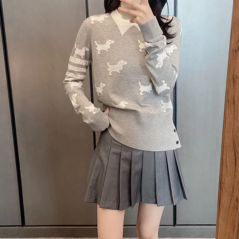 

High Quality Korean Style TB T-Shirt Academy Dog Jacquard Commuter Versatile Polo Long Sleeve Durable Loose Fit Wool Pullover