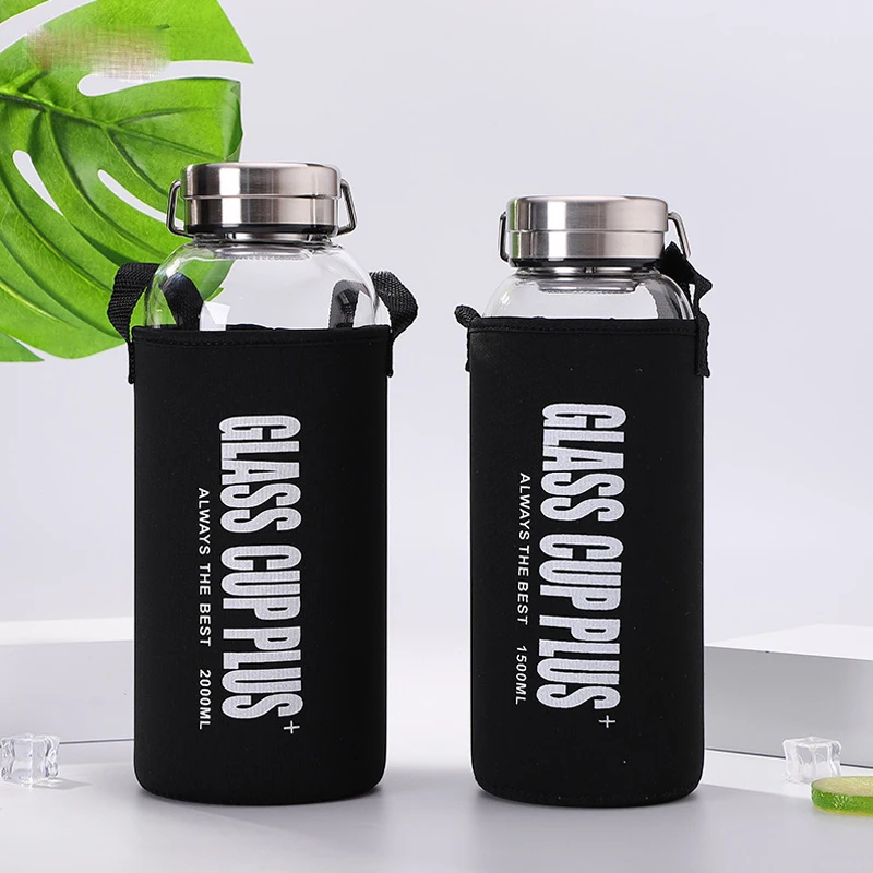 

Стеклянная бутылка для воды 2000 мл/1500 мл/1000 мл/600 мл, уличные Прозрачные Портативные стеклянные бутылки большой емкости, подарок с сумкой