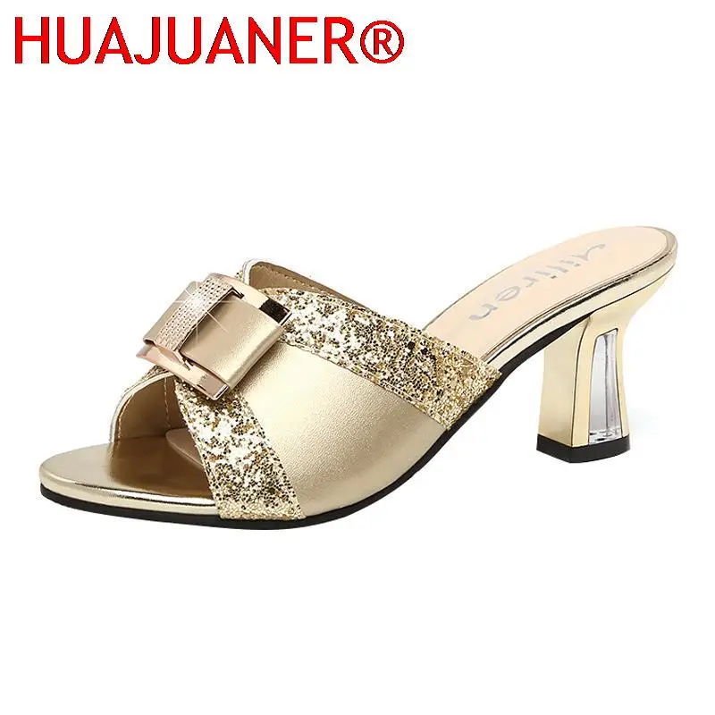 

HUAJUANER Golden Leather Bling Sequins Women Thick Heels Slippers Luxury Peep Toe Party Women's Summer Shoes Fashion Sandals