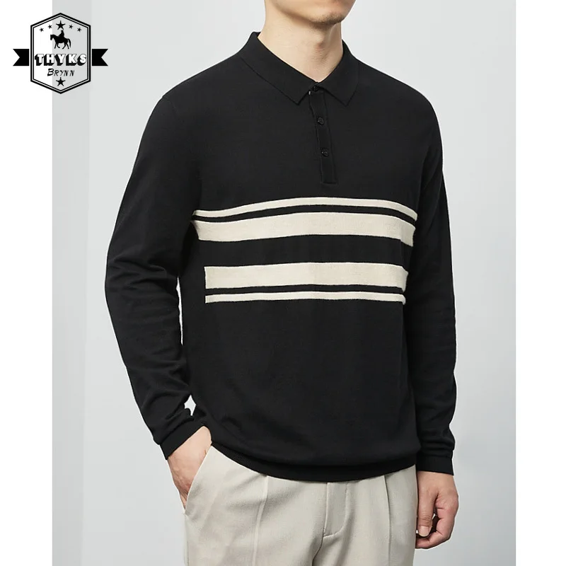 

Stripe Polo Shirts Men long Sleeve Casual Black Collared T-Shirt for Man Polos High Quality Cotton Outwear Golf Wear Tees Tops