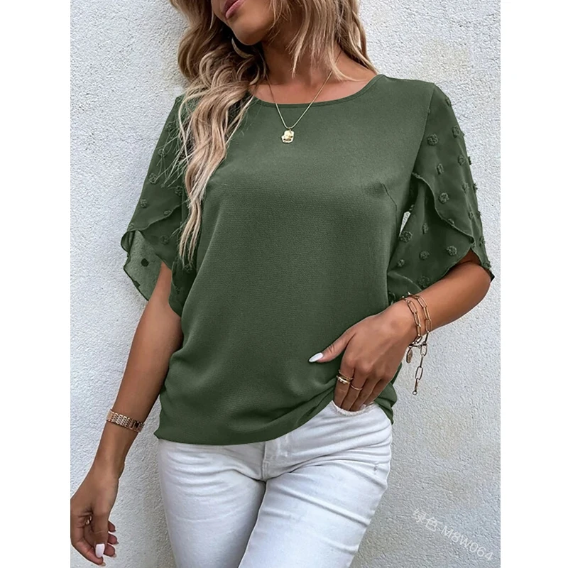 

Summer T-shirt Top Women Fashion Solid Color Pullover Short Petal Sleeve T-shirt Women Casual Loose Round Neck Stitching T-shirt